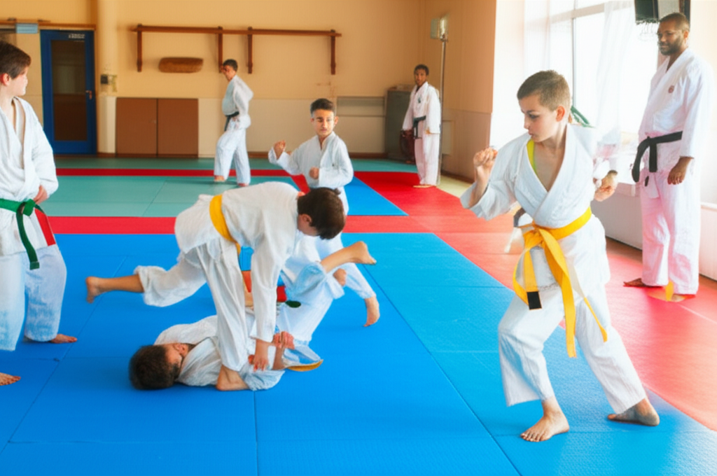 Niños practicando judo y karate en el dojo